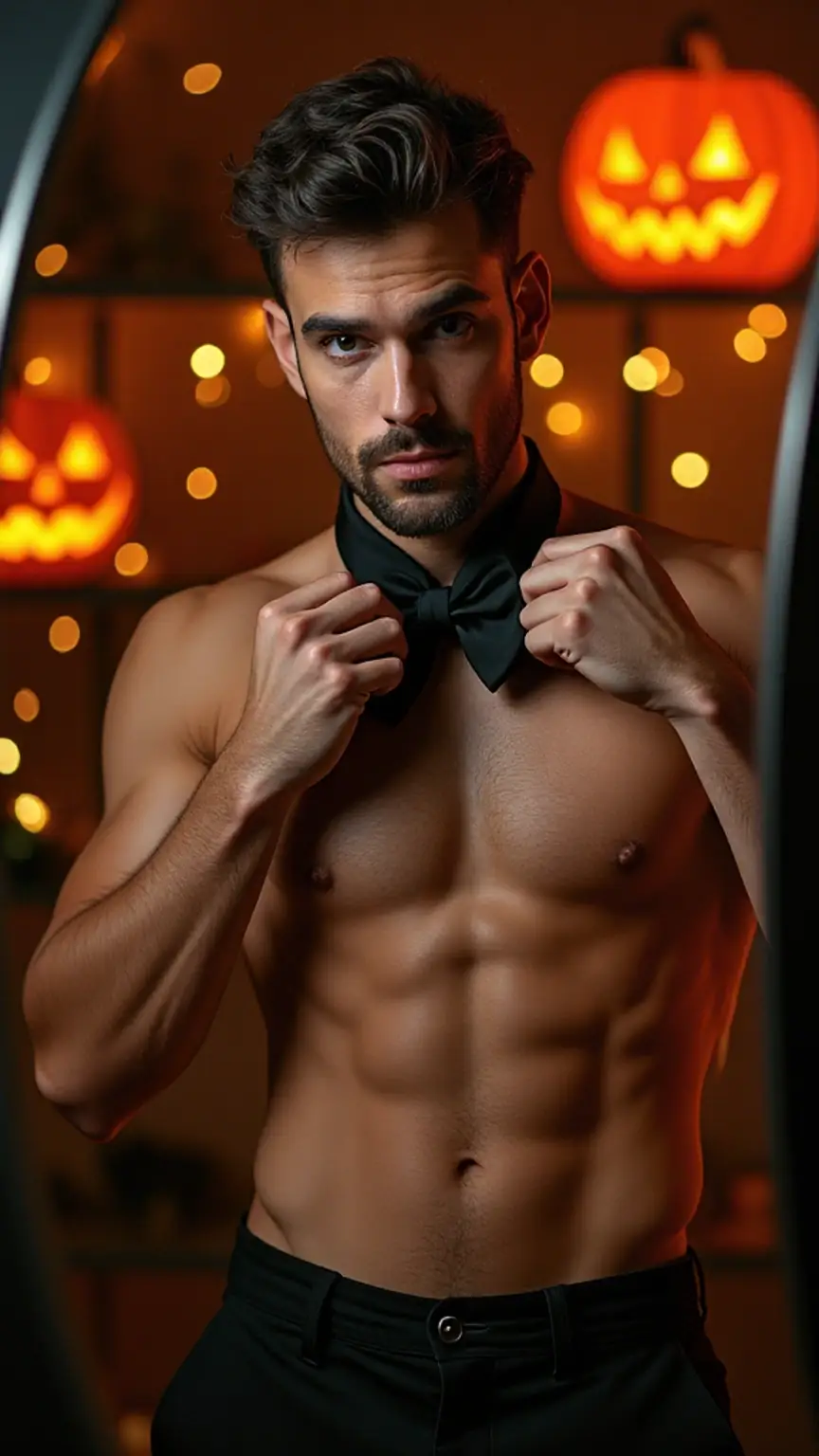Confident man adjusting costume in mirror, Halloween party with jack-o'-lanterns, bold masculine style.