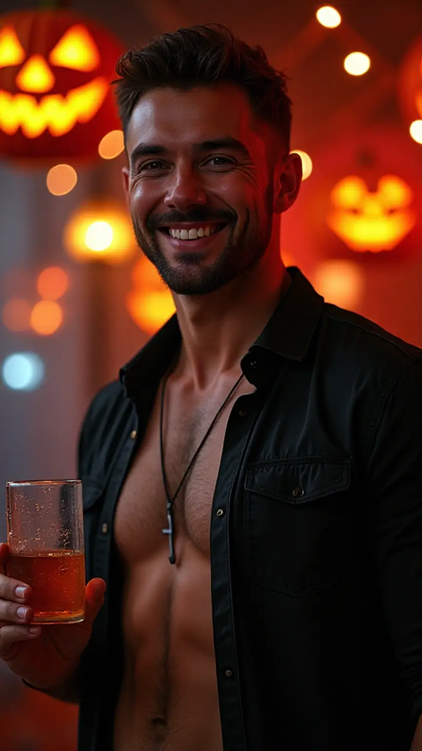 Confident man at a Halloween party with jack-o'-lanterns, string lights, bold masculine style.