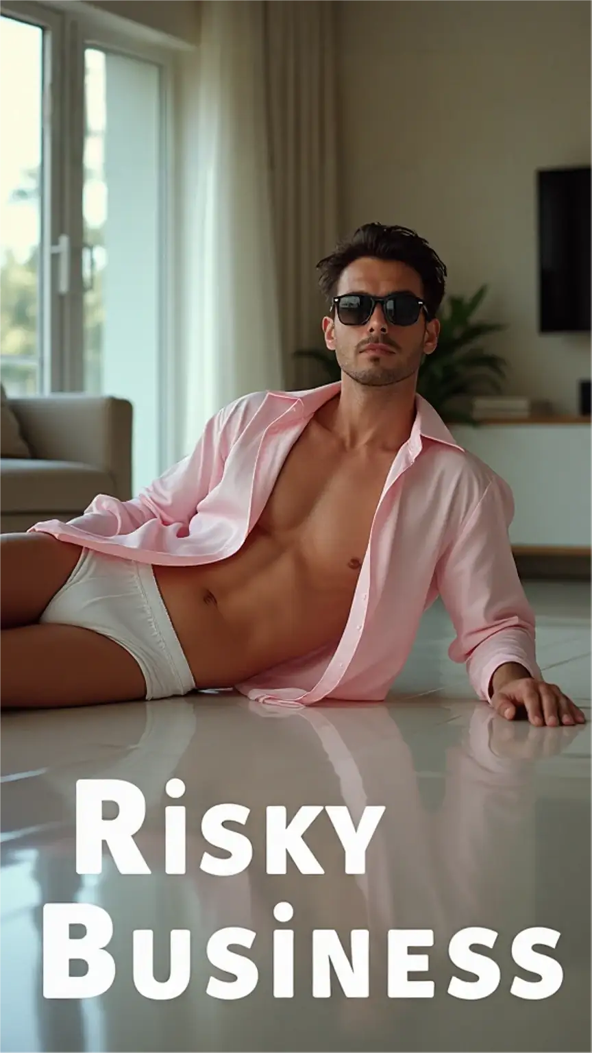 Man in Risky Business costume with white shirt, briefs, sunglasses, sliding on floor, retro 80s vibes, bold masculine style.
