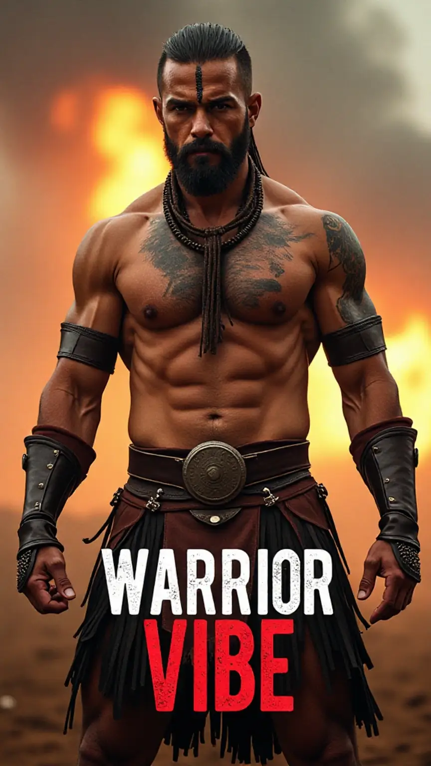 Muscular man in Warrior costume with leather skirt, arm bands, tribal paint, battlefield, bold masculine style, sexy halloween costumes, mens warrior costume.